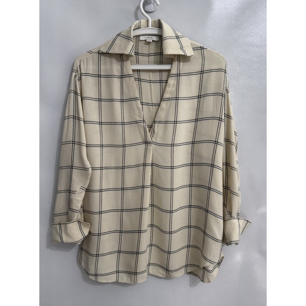 Vince S Shirt Womens Ivory Taupe Windowpane Plaid Long Sleeve Top Quiet Luxury
